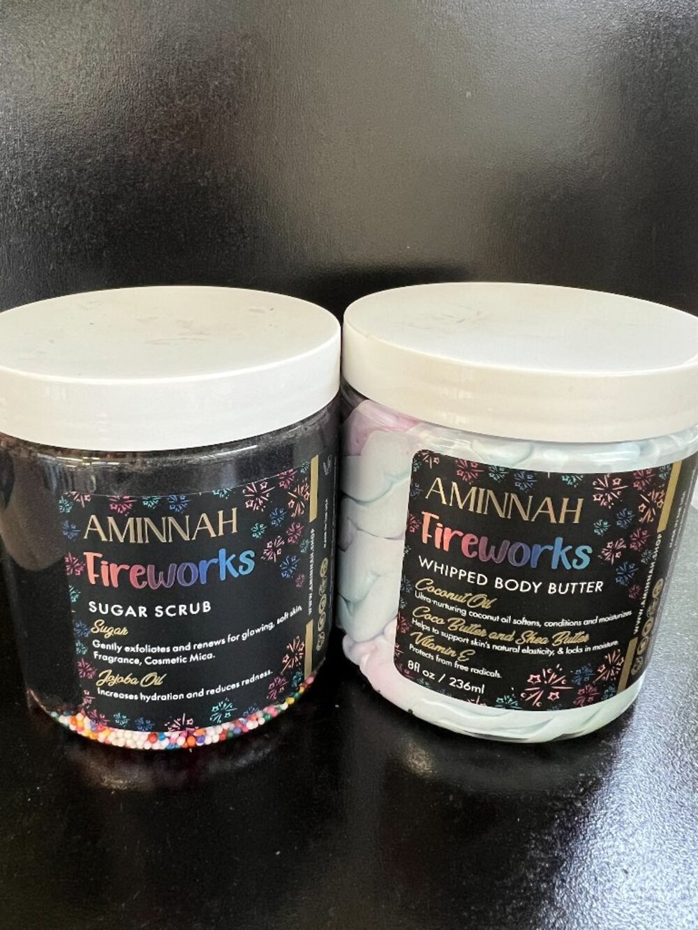 Aminnah Fireworks Sugar Scrub and Fireworks Whipped Body Butter Bundle of 2